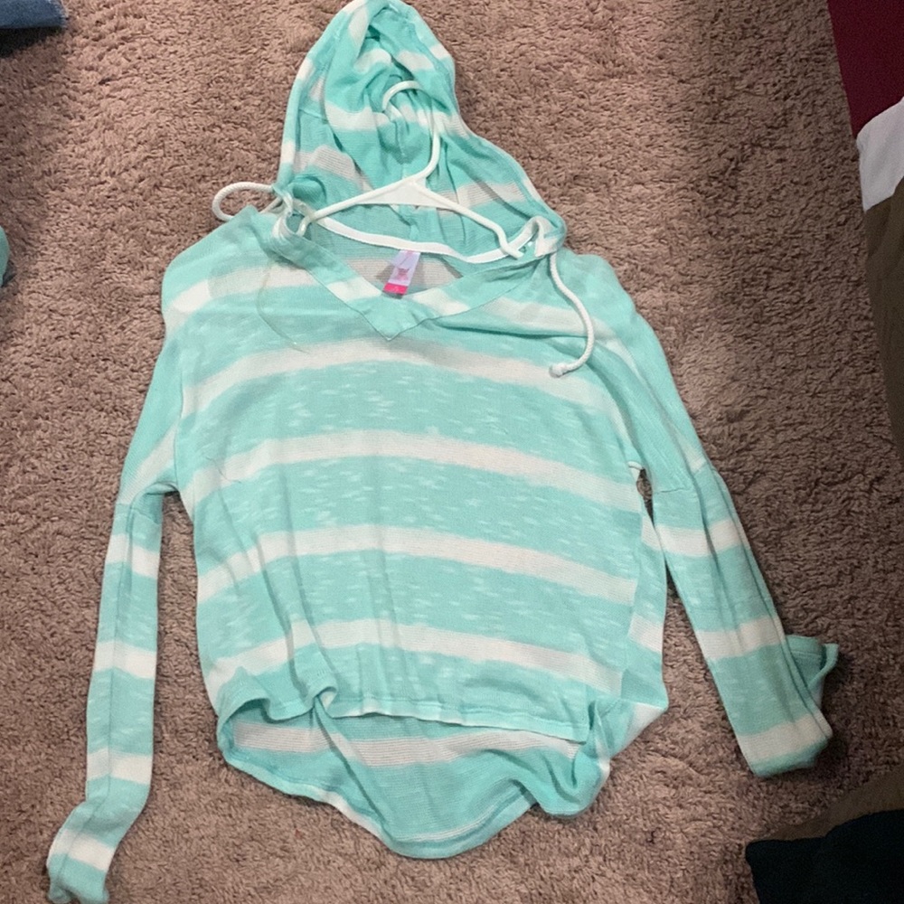 Teal and white striped long sleeve shirt with hood size M